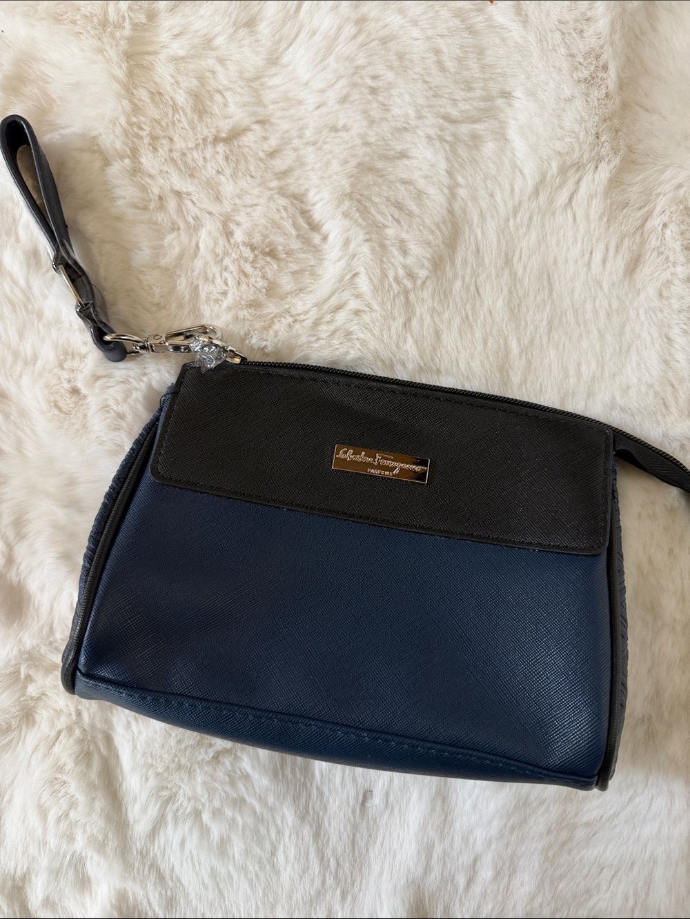 Brand New Salvatore Ferragamo Navy and Black Toiletry Bag Wristlet Clutch